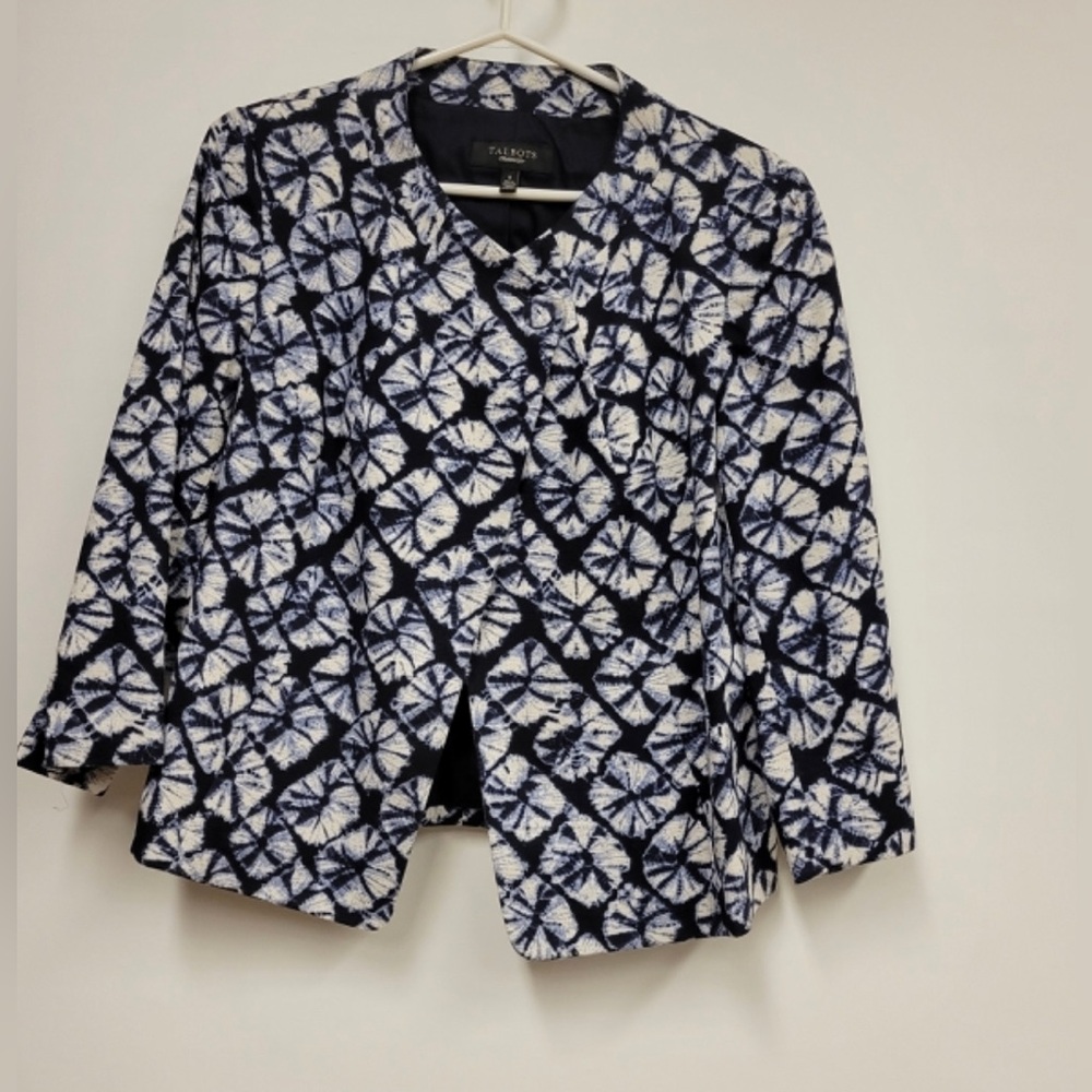 Talbots Navy and White Women's Jacket - SHIBORI DIAMOND